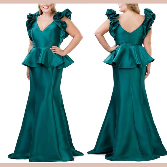 Mac Duggal Dresses & Skirts - NWT MAC DUGGAL [ 16W ] 67751 Ruffle Sleeve Vneck Peplum Trumpet Gown Green J1694